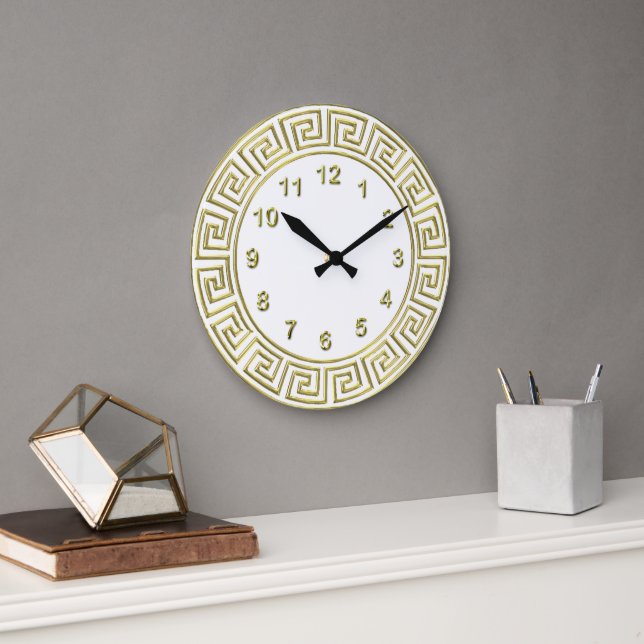 Art Deco Guld Vit Grekisk Nyckel Kant Guld Marköre Stor Klocka (Kontor)
