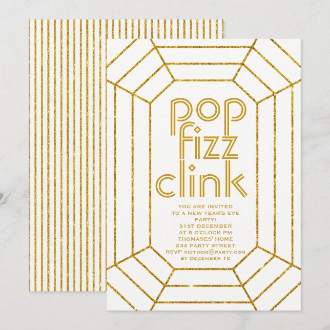Art Deco guld vit pop fizz klirka Nyår fest Inbjudningar (Fram/baksida)