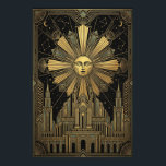 Art Deco Guldensolfacepalatsaffisch | Celestial Poster<br><div class="desc">Förvandla din inredning med kronjuvelen i Aura Celestial-kollektionen. Denna hisnande affisch visar en stolt antropomorf sol som utstrålar kraftfulla geometriska strålar över ett storslaget,  symmetriskt Art Deco-palats.</div>