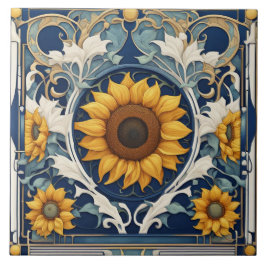 Art Deco Gult Solblommor Art nouveau Blue Kakelplatta