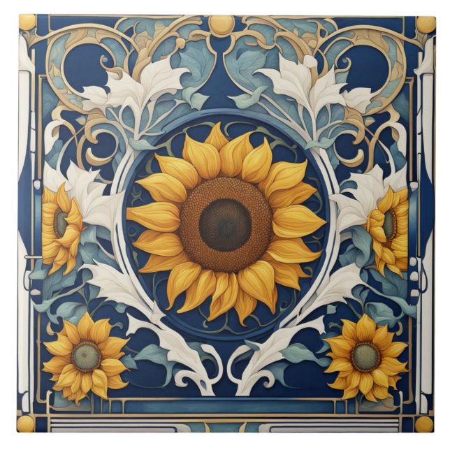 Art Deco Gult Solblommor Art nouveau Blue Kakelplatta (Framsidan)