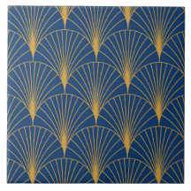 Art Deco Gyllene Geometriska Fläktar på Marinblå B