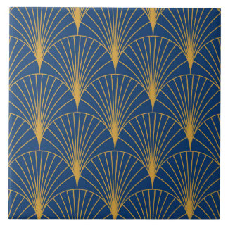 Art Deco Gyllene Geometriska Fläktar på Marinblå B Kakelplatta