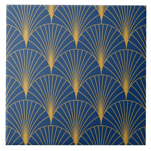 Art Deco Gyllene Geometriska Fläktar på Marinblå B Kakelplatta (Framsidan)