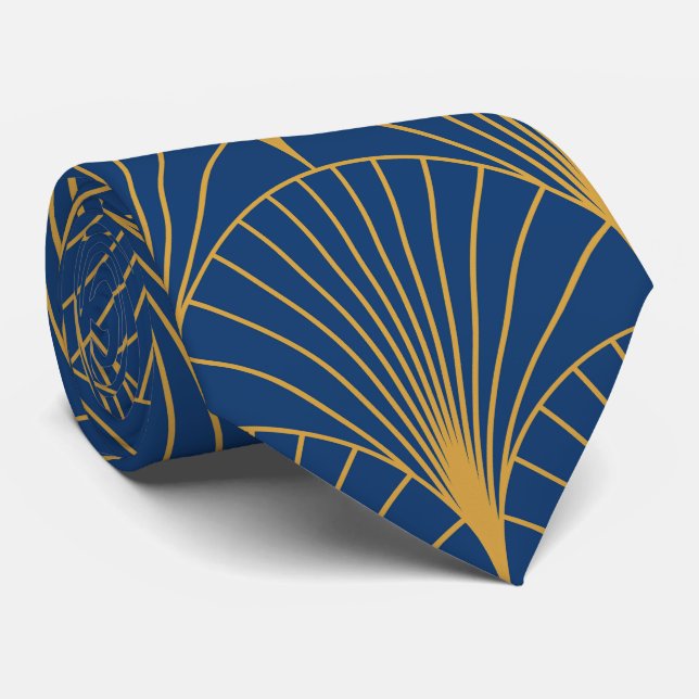 Art Deco Gyllene Geometriska Fläktar på Marinblå B Slips (Rullad)