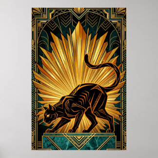 Art Deco Gyllene Strålglans Svart Katt Väggkonst