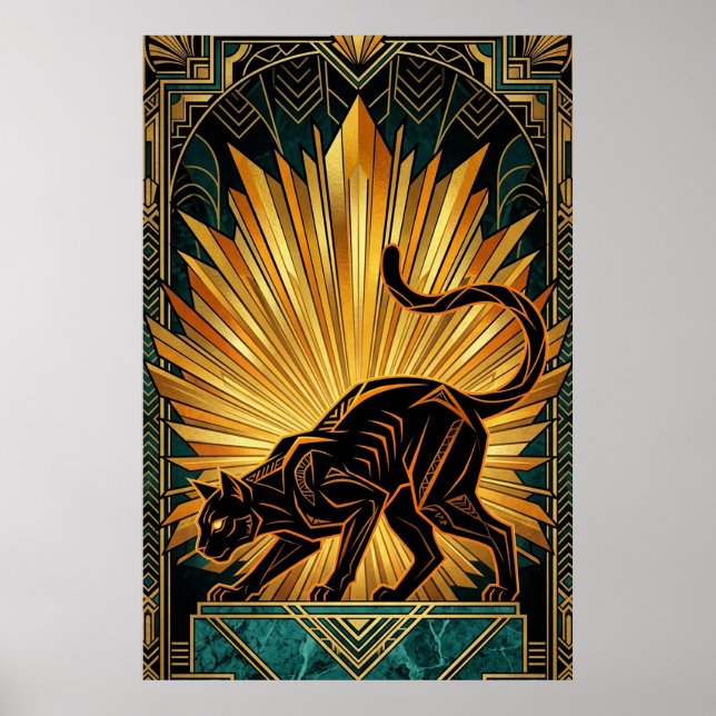 Art Deco Gyllene Strålglans Svart Katt Väggkonst (Framsidan)