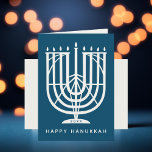 Art Deco Hanukkiah Menorah Lycklig Hanukkah Helgda Helgkort<br><div class="desc">Önskar vänner och familj "Lycklig Hanukkah" med detta konst deco inspirerade till hanukkiah,  med redigerbar färg av både menorah och bakgrunden. Foto tillval inuti.</div>