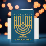 Art Deco Hanukkiah Menorah Lycklig Hanukkah Helgkort<br><div class="desc">Önskar vänner och familj "Lycklig Hanukkah" med detta konst deco inspirerade till hanukkiah,  med redigerbar färg av både menorah och bakgrunden. Foto tillval inuti.</div>