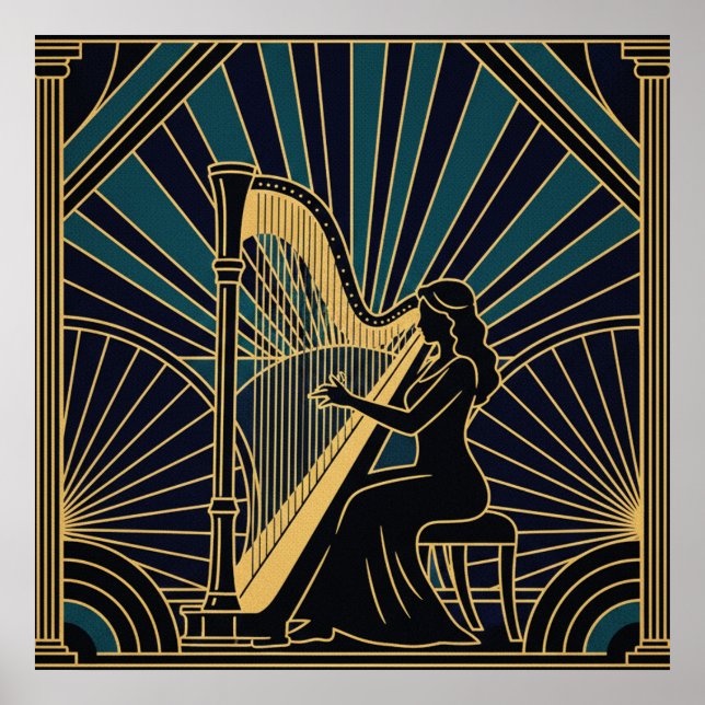 Art Deco Harpist Silhouette Affisch Guld och Svart (Framsidan)