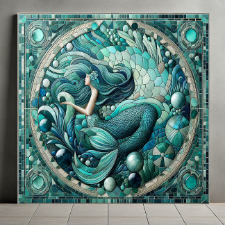 Art Deco Havsnymf Aqua Blå Korallmosaik Cool Kakelplatta