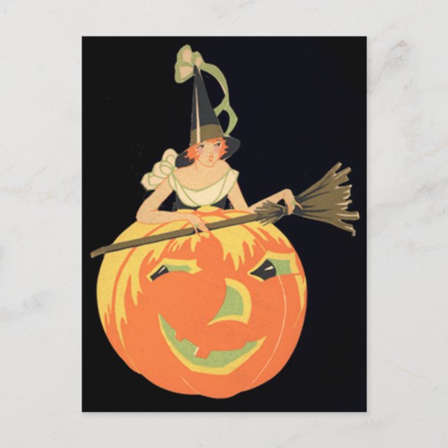 Art Deco Häxa Jack O Lantern Pumpa Kvast Vykort (Framsida)