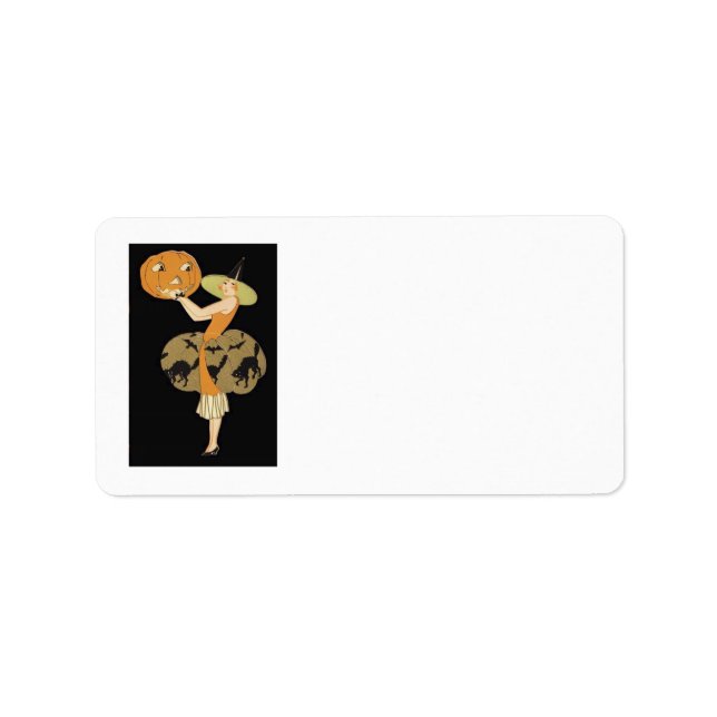 Art Deco Häxa Jack O Lantern Pumpa Svart Katt Adressetikett (Framsidan)