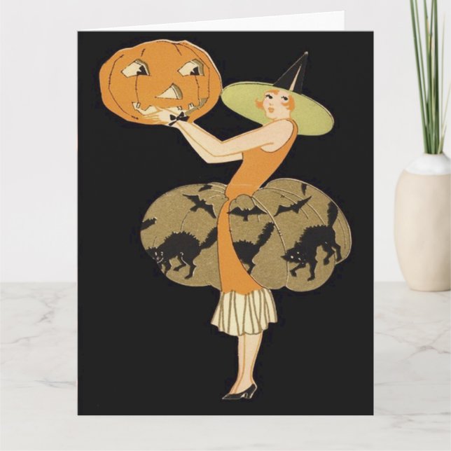 Art Deco Häxa Jack O Lantern Pumpa Svart Katt Kort (Framsida)