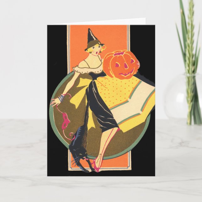 Art Deco Häxa Jack O Lantern Pumpa Svart Katt Kort (Framsida)
