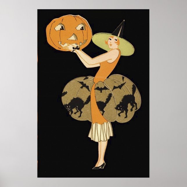 Art Deco Häxa Jack O Lantern Pumpa Svart Katt Poster (Framsidan)