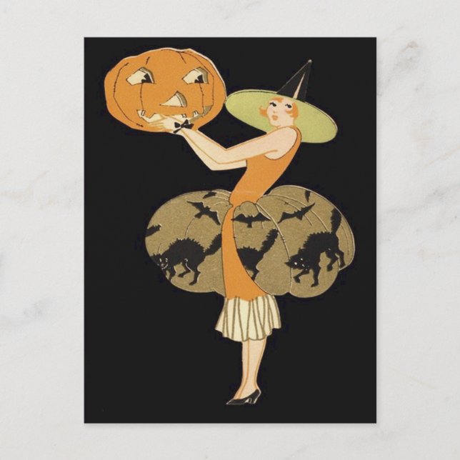 Art Deco Häxa Jack O Lantern Pumpa Svart Katt Vykort (Framsida)