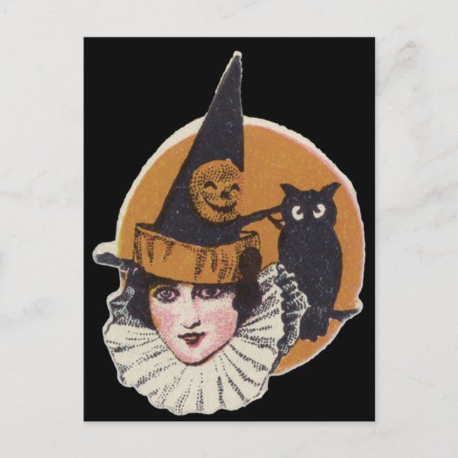 Art Deco Häxa Jack O Lantern Pumpa Uggla Vykort (Framsida)