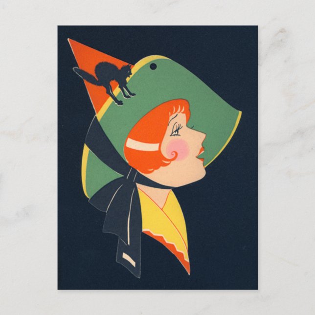 Art Deco Häxa Svart Katt Vykort (Framsida)