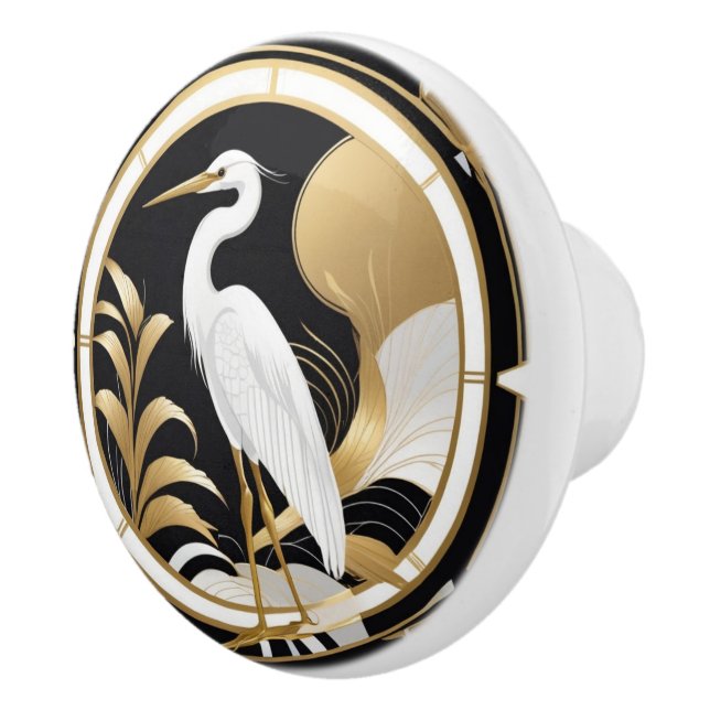 Art Deco Heron Bird Black White Guld Knopp (Höger)