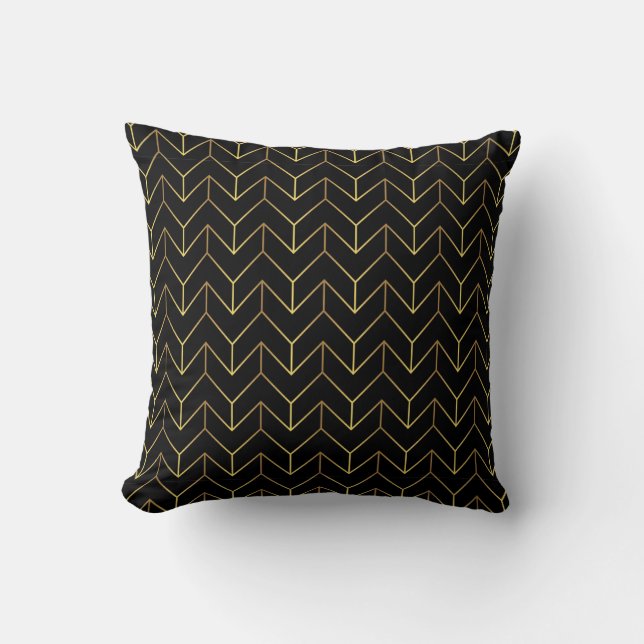 Art Deco Herringbone Guld Black Mönster Kudde (Framsida)