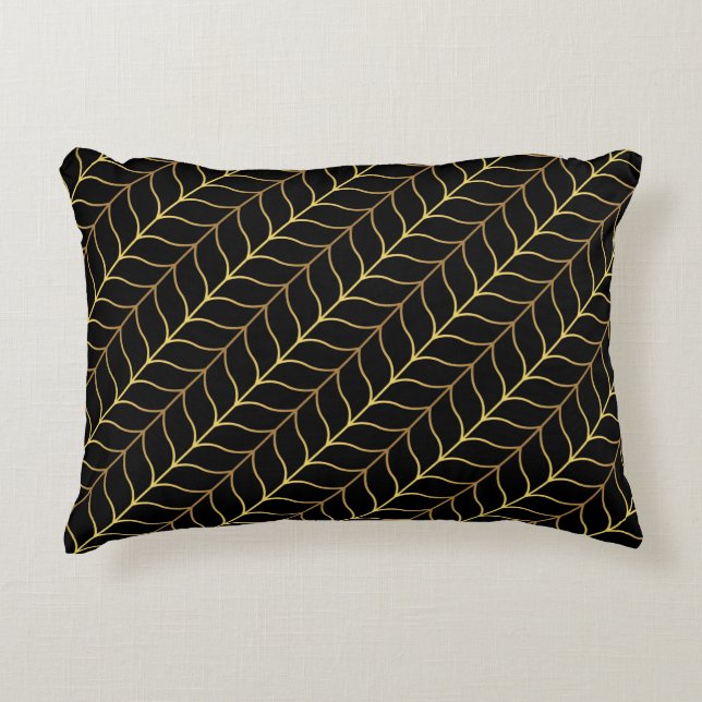Art Deco Herringbone Guld Black Mönster Prydnadskudde (Framsidan)