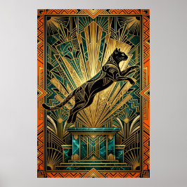 Art Deco Hoppande Gyllene Lodjur Väggkonst