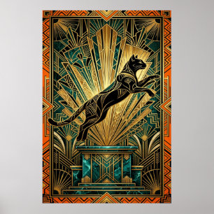 Art Deco Hoppande Gyllene Lodjur Väggkonst