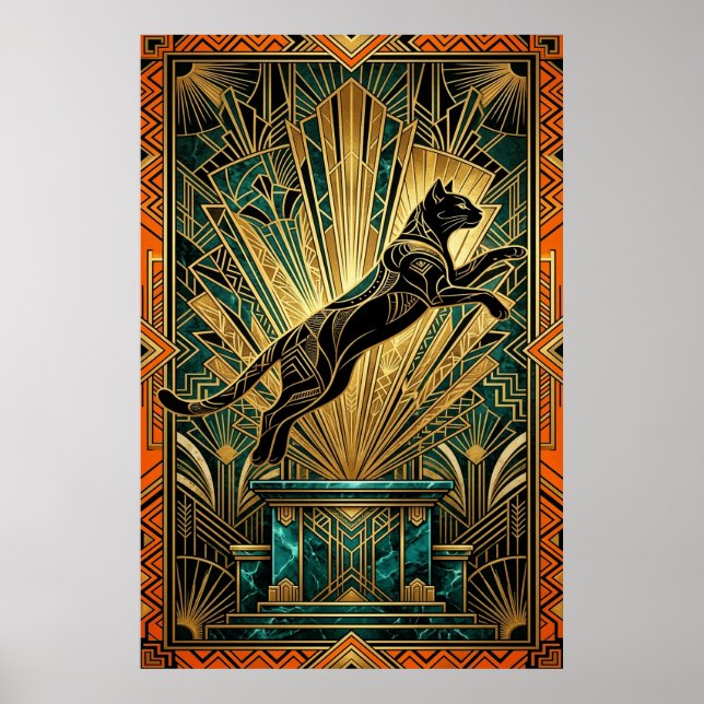 Art Deco Hoppande Gyllene Lodjur Väggkonst (Framsidan)