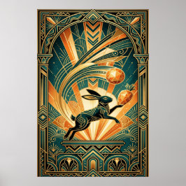 Art Deco hoppande kanin guld och teal konst Poster