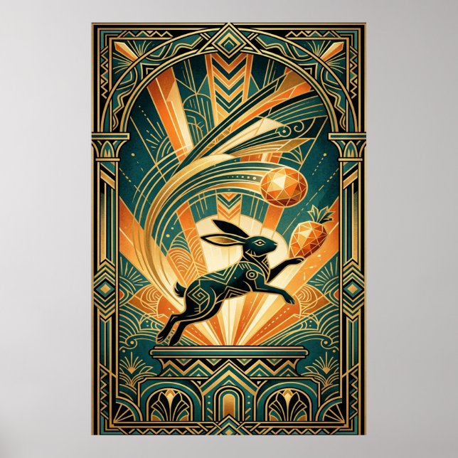 Art Deco hoppande kanin guld och teal konst Poster (Framsidan)
