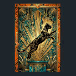 Art Deco Hoppande Svart Katt Väggkonst<br><div class="desc">Denna dynamiska art deco-affisch visar en hoppande svart katt fångad mitt i luften ovanför en teal marmorpelare, med djärva gyllene solfjäderstrålar som exploderar i bakgrunden. Invecklade geometriska mönster och en rik svart-guld-teal palett skapar en kraftfull vintage 1920-tals vibe. Perfekt för moderna vardagsrum, ateljéer eller hallar, det är en perfekt statement...</div>