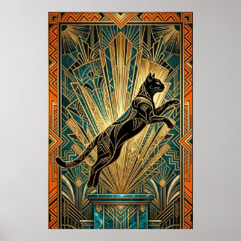 Art Deco Hoppande Svart Katt Väggkonst