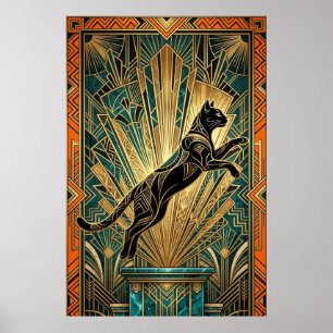 Art Deco Hoppande Svart Katt Väggkonst