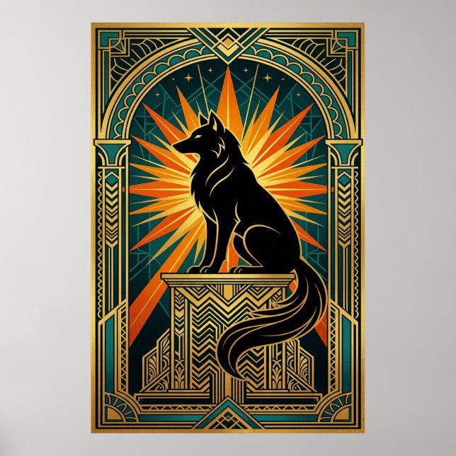 Art Deco Howling Wolf Golden Sunburst Poster (Framsidan)