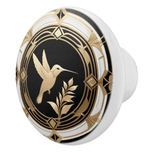 Art Deco Hummingbird Black White Guld Knopp