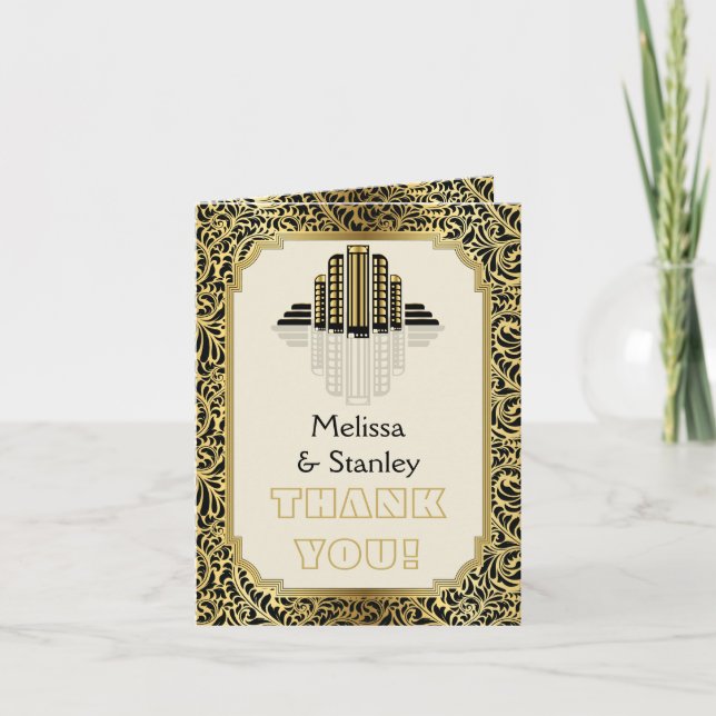 Art Deco-hus svart, guld bröllop Tack (Framsida)
