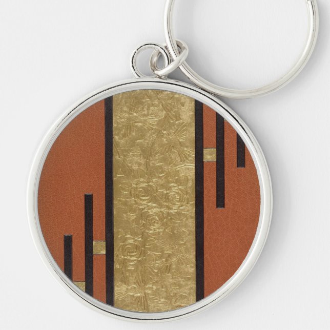 Art Deco i guld och tan Rund Silverfärgad Nyckelring (Framsidan)