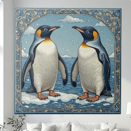Art Deco Ice Birds Penguin Couple Snow Blue Ocean  Kakelplatta