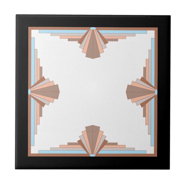 Art deco inslag i blått och persikor kakelplatta (Framsidan)