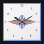 Art deco inslag i ro guld och blå fyrkantig klocka<br><div class="desc">Ett klassiskt konst deco stil mönster skapat i paletten ro guld och blått gräs</div>