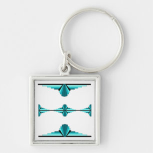 Art deco inslag i teal grönt fyrkantig silverfärgad nyckelring