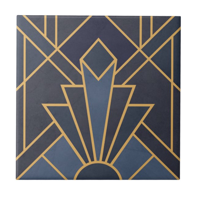 Art Deco-inspiration i blått och guld Kakelplatta (Framsidan)