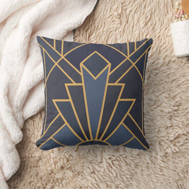 Art Deco-inspiration i blått och guld Kudde (Filt)