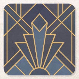 Art Deco-inspiration i blått och guld Underlägg Papper Kvadrat