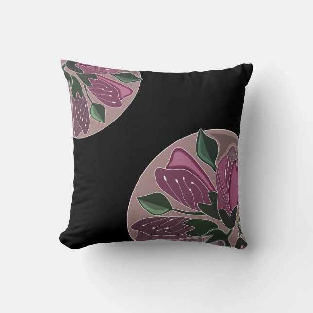 Art Deco Inspired Black and Dusty Rosa Blommigt Kudde (Framsida)