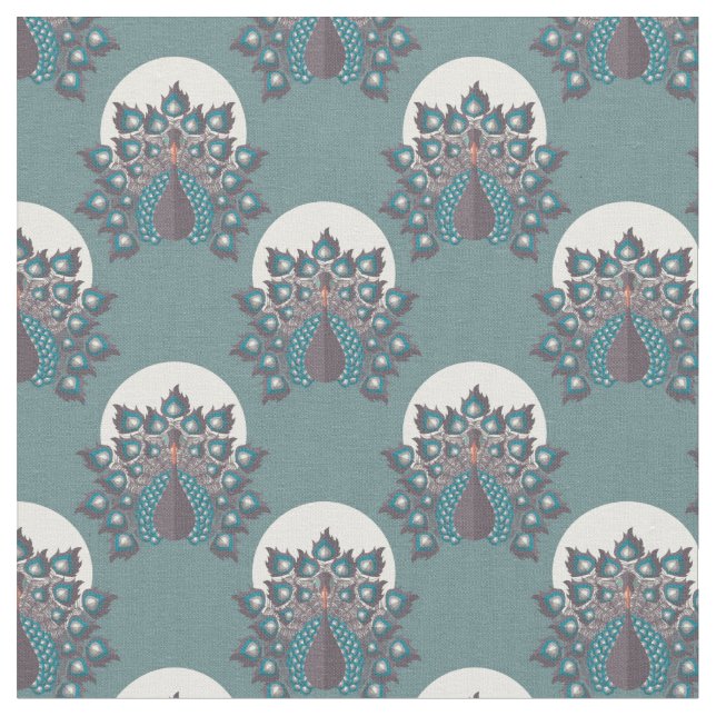Art Deco Inspired Peacock Mönster - Blue Backgroun Tyg (Närbild)