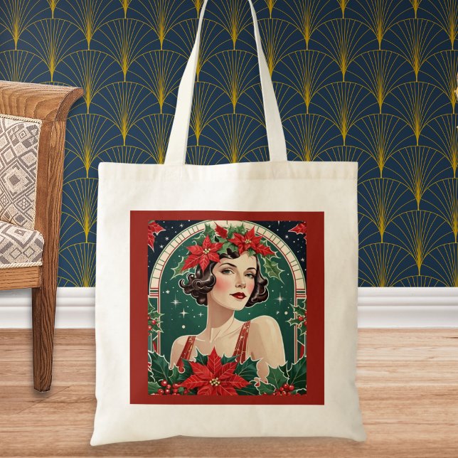 Art Deco Inspirerad Porträtt Dam Elegant Jul  Tygkasse (A Christmas tote bag with picture of an elegant lady, inspired by Art Deco style)