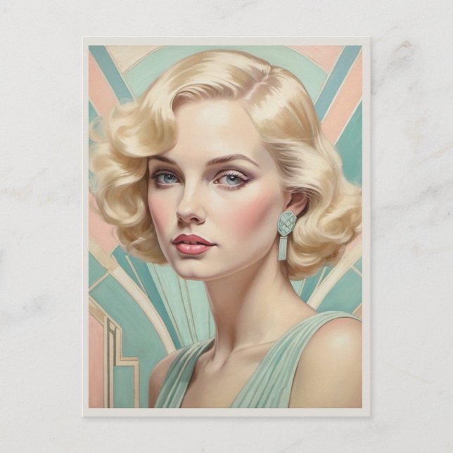 Art Deco Inspirerad Retro Kvinna Elegant Dam Bild Vykort (Framsida)