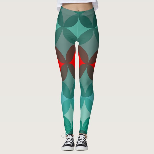 Art deco-inspirerad teal och röd abstrakt leggings (Framsida)